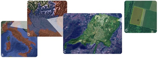 Progressive zoom into the study site: (a) Italy and the Lombardy region, (b) detail of Lombardy, (c) municipality of Capriolo, and (d) vineyard of interest.