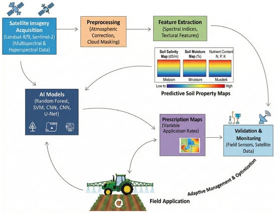 Conceptual framework illustrating the integrated Artificial Intelligence and Remote Sensing (AI–RS) workflow for precision agrochemical management.