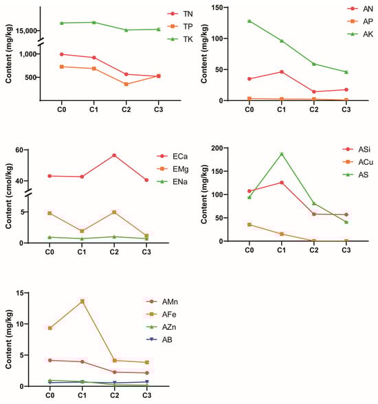 The concentrations of mineral elements in uncropped (C0) and 1 year (C1), 2 years (C2), and 3 years (C3) yam cropping soils. TN: total N; TP: total P; TK: total K; AN, alkali hydrolyzed N; AP: available P; AK, available K; ECa: exchangeable Ca; EMg: exchangeable MN; ENa: exchangeable Na; ASi: available Si; ACu: available Cu; AS: available S; AMn: available Mn; AFe: available Fei; AZn: available Zn; AB: available B.