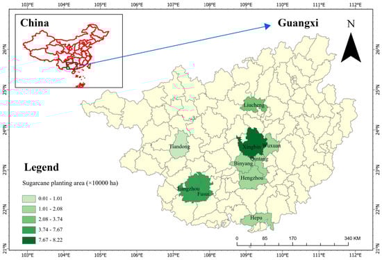 Geographical map of Guangxi showing the ten sampling counties (districts). The intensity of the green color represents the planting area (×10,000 ha). The X- and Y-axes show N and E coordinates.