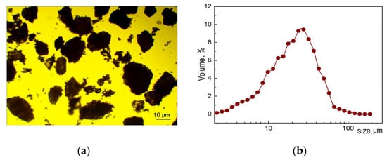 The morphology and dimensions of particles from the medicinal plant valerian after dispersion, as determined microscopically (a), along with the volume distribution of the particles measured using the LALLS method (b).