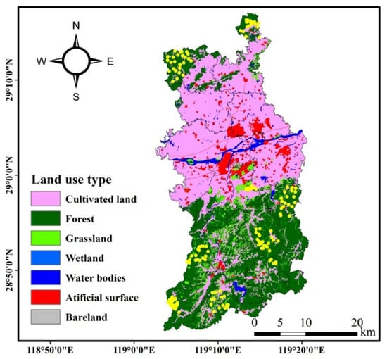 Distribution map of 203 infrared-triggered camera sites in Longyou County, Zhejiang Province, China; The yellow circles represent the camera sites.