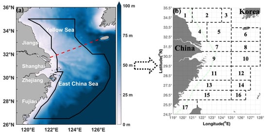 (a) Map of the study area (26.50–35.50° N, 119.00–128.00° E): the study area, which encompasses the southern Yellow Sea and East China Sea, is outlined by a red dashed line within the broader East China Sea domain. (b) Black rectangular markers and numerical labels correspond to the following fishing grounds: (1) Haizhou Bay, (2) Lianqingshi, (3) Liandong, (4) Lvsi, (5) Dasha, (6) Shawai, (7) Yangtze River Estuary, (8) Jiangwai, (9) Zhoushan, (10) Zhouwai, (11) Yushan, (12) Yuwai, (13) Wentai, (14) Wenwai, (15) Mindong, (16) Minwai, and (17) Minzhong. The green dashed line indicates the motor trawling prohibition boundary.