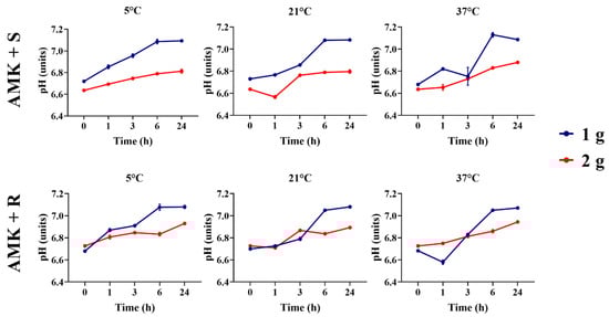 Comparison of amikacin solutions’ pHs between 1 g and 2 g concentrations across timepoints and temperatures. AMK + S, amikacin diluted in saline solution. AMK + R, amikacin diluted in lactated Ringer’s solution.