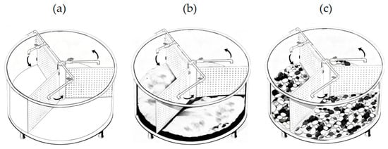 Schematic diagram of aquaculture experiment barrel: (a) no-substrate group; (b) fine sand group; and (c) pea gravel group.
