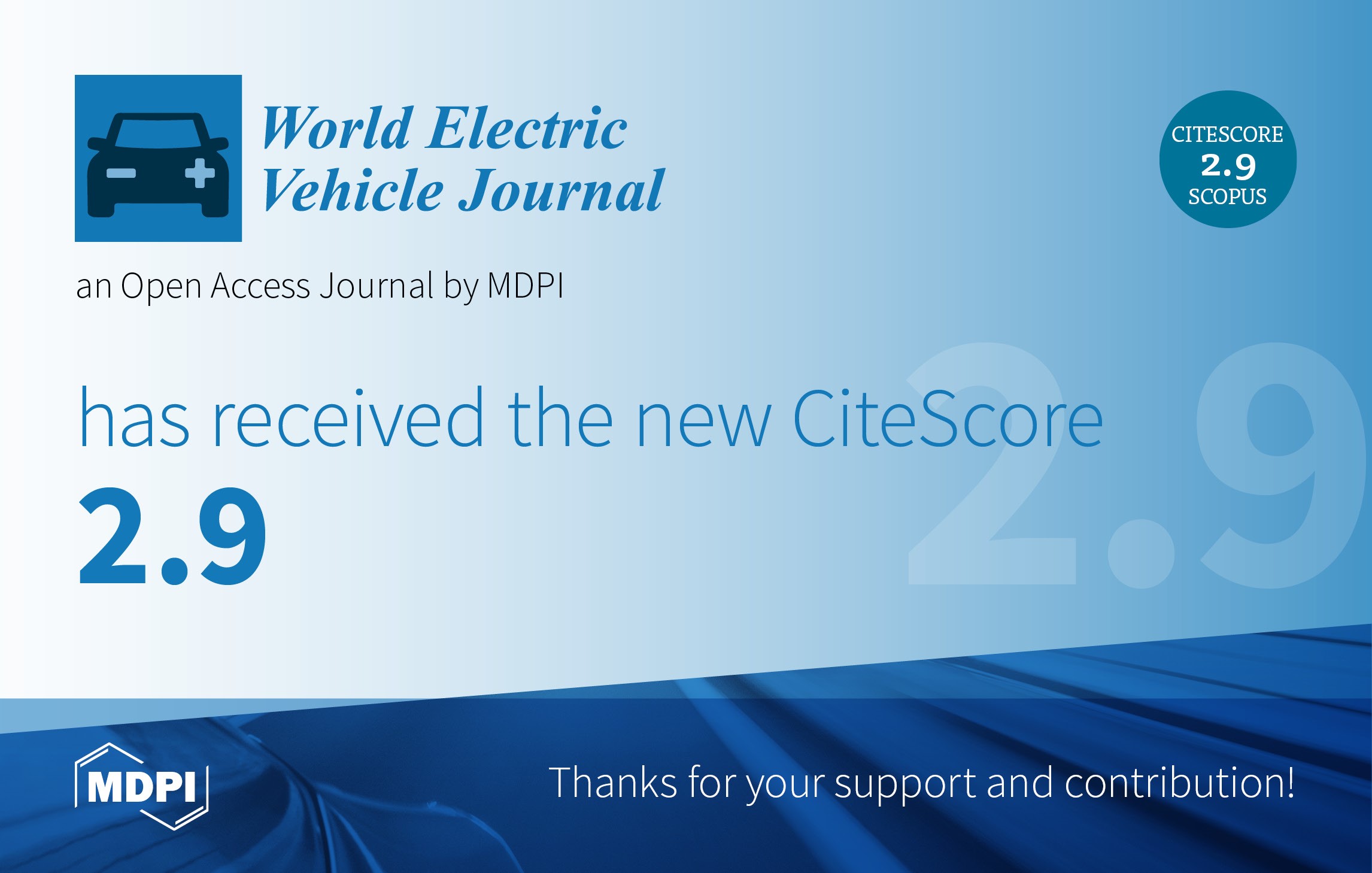 <em>World Electric Vehicle Journal</em> Receives Updated CiteScore of 2.9