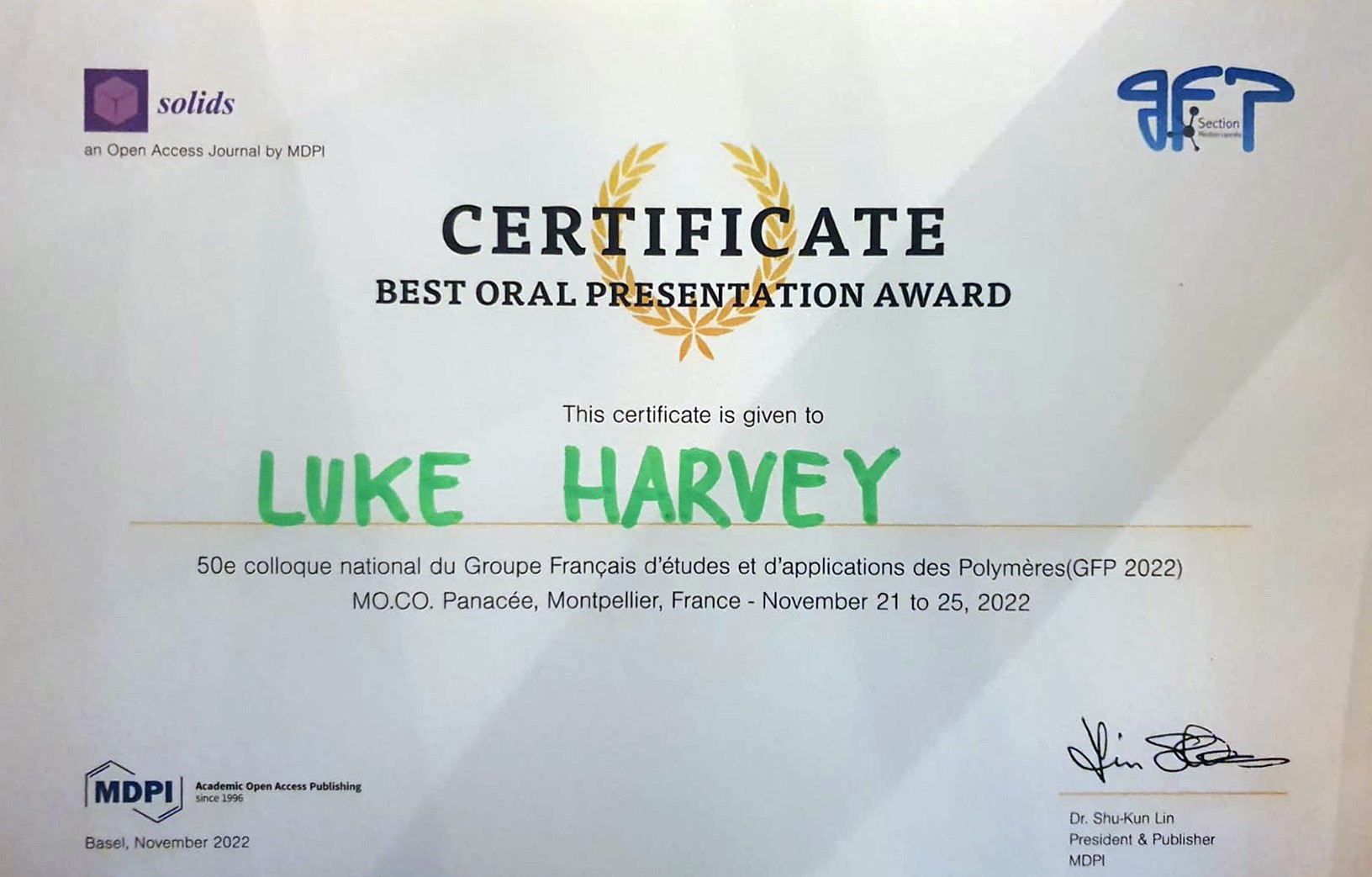 <strong><em>Solids </em>| Best Oral Presentation Award from the 50th National Conference of the French Polymers Group (GFP 2022)&mdash;Winner Announced</strong>