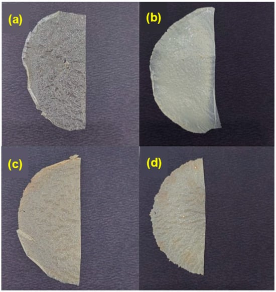 Visual appearance of the chitosan-Ag/TiO2 films: (a) F1; (b) F2; (c) F3; and (d) F4.