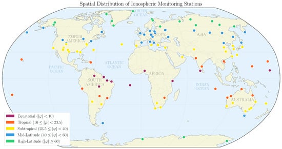 Spatial distribution of the ionospheric monitoring stations used in this study.