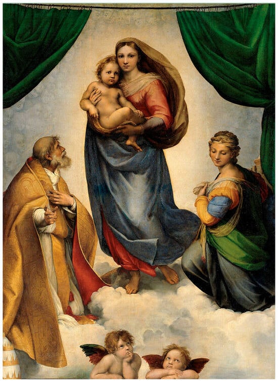 Raphael, The Sistine Madonna (c. 1512–1513). Oil on canvas, 265 × 196 cm. Gemäldegalerie Alte Meister, Dresden. Public-domain image, Wikimedia Commons.