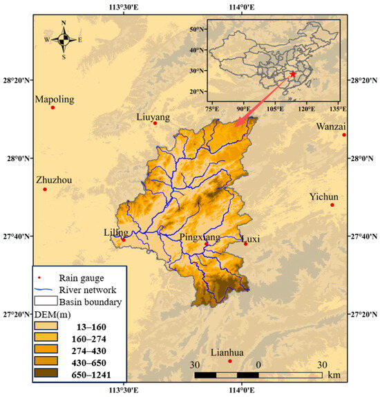 Location of the Lushui River Basin and distribution of hydrometeorological stations. Elevation classes follow a left-inclusive and right-exclusive convention; e.g., 13–160 m denotes 13 ≤ z < 160 m.
