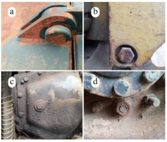 Common uncertainties in unscrewing processes: (a) rusted bolt and nut, (b) weathered bolt on a forklift, (c) oily and weathered bolt on an engine, and (d) rusted nut on a forklift tyre.