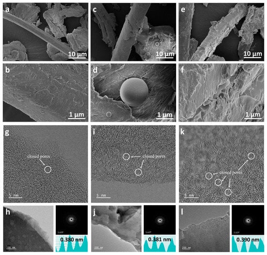 SEM images of (a,b) B, PF8%-B (c,d), and (e,f) of PF8%-B-MW120s; HRTEM images and the corresponding SAED patterns of (g,h) B-HC, (i,j) PF8%-B-HC, and (k,l) PF8%-B-MW120s-HC.