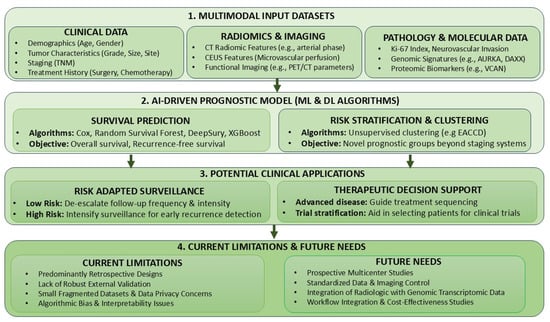 AI-driven prognostic modeling in Pan-NENs: from multimodal data to clinical application. CT: Computed Tomography; CEUS: Contrast-Enhanced Ultrasound; PET: Positron Emission Tomography; AURKA: Aurora Kinase A; DAXX: Death Domain Associated Protein; VCAN: Versican Core Protein; ML: Machine Learning; DL: Deep Learning; XGBoost: eXtreme Gradient Boosting; EACCD: Ensemble Algorithm for Clustering Cancer Data.