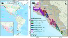 Distribution and coverage of the IDs in Sinaloa Mexico: (a) geographic location of the study area at the national and continental scale; (b) spatial distribution of the irrigation districts in Sinaloa, including district boundaries, and main rivers. Source: prepared by the authors using CONAGUA data [45].