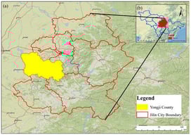 Geographic location of the data collection site. (a): Yongji County; (b): Jilin Province.