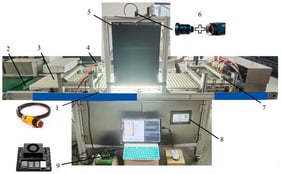 Seeding detection and intelligent reseeding device for leafy vegetable plug trays: (1) Photoelectric positioning sensor; (2) conveyer belt; (3) plug tray; (4) seeding device; (5) light box; (6) camera and lens; (7) intelligent reseeding device; (8) PLC-based control unit; (9) NVIDIA Jetson Xavier NX.