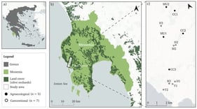 The study area including (a) the region of Messenia in relation to Greece, (b) the study area in reference to the region of Messenia, and (c) the distribution of the fields selected for sampling, including cover crops (CC): CC1, CC2 and CC3; mulching (MU): MU1 and MU2; herbicide (H): H1, H2 and H3; mowing (M): M1 and M2; and tillage (T): T1 and T2. Map layers were retrieved from QGIS (version 3.34.4, Zurich, Switzerland).