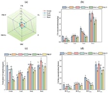 Effects of soil amendments on (a) Cd concentration in different parts of rice plants; (b) Cd concentrations in rice tissues; (c) total plant Cd uptake concentrations in rice tissues; and (d) bio-concentration factors (BCFs) of Cd in rice plant tissues. Different lowercase letters (a, b, c, etc.) indicate significant differences among treatments at the p < 0.05 level (one-way ANOVA followed by Tukey’s HSD test). The same applies below (Figure 2, Figure 3, Figure 4, Figure 5 and Figure 6).