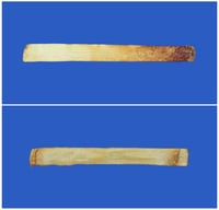 Representative French fry discoloration patterns. Shown are representative examples of two French fry discoloration patterns. Top panel: dark end. Bottom panel: vascular discoloration.