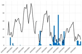 PM10 average daily concentrations (µg/m3, black line), measured in Torino Grassi air quality monitoring station, versus daily precipitations (mm, blue histogram), measured in Torino Reiss Romoli weather station in 2024. It can be seen that even small rain events cause a decrease in PM10 concentrations.
