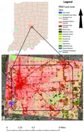 Location and land cover of the Pleasant Run Airshed (PRAS). Points (black dot inside white circle) are locations where PA-II-SD sensors were placed.