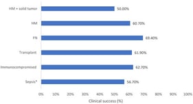 Clinical success for each vulnerable patient population in the SPECTRA study. FN: Febrile neutropenia; HM: Hematologic malignancy. * Sepsis = sepsis/septic shock/systemic inflammatory response syndrome.