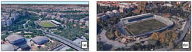 Aerial views of the Flaminio Stadium: (a) the wider urban context showing the stadium’s integration within the Flaminio district; (b) a detailed view highlighting the current structural condition of the facility.
