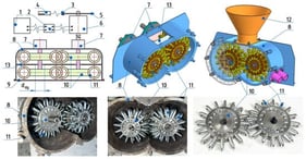 Mill with a double-row spring-loaded (elastic) working body and an inter-sectional diaphragm: (1) power supply; (2) wattmeter; (3) tachometer sensor; (4) tachometer; (5) disk; (6) drive electric motor; (7) bearing supports; (8) housing; (9) front wall; (10) rotor disk; (11) working body; (12) feed inlet; (13) diaphragm.