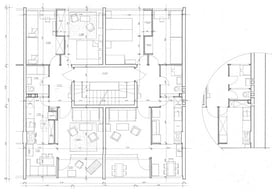 A typical floor plan from the 1st to the 4th floor of the URBS 1 apartment, with the bathroom layout variant on the right. Source: Ref. [23].