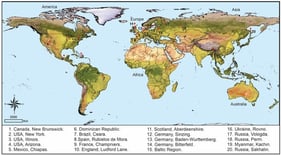 The fossil record of the class Chilopoda worldwide.