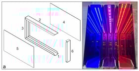 (a) Schematic drawing of the Compact Growth Chamber (CGC). (b) CGC3, CGC2, and CGC1 are connected side by side, respectively. CGC1: 100% Red; CGC2: 50% Blue + 50% Red; CGC3: 100% Blue. Figure 1a-1: side opening; Figure 1a-2: upper inner portion; Figure 1a-3: on the side; Figure 1a-4: back cover; Figure 1a-5: front cover; Figure 1a-6: side fitting portion.