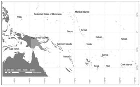 Distribution of major countries and territories (green) in the Pacific region [4].