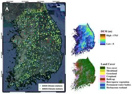 Spatial distribution of the climate observation network and geographical characteristics of the study area, mainland South Korea. The main map displays the locations of the 90 Automated Surface Observing System (ASOS; light blue dots) and 474 Automatic Mountain Meteorology Observation System (AMOS; light green dots) stations. The inset panels on the right show the region’s topography, derived from the Shuttle Radar Topography Mission (SRTM) Digital Elevation Model (DEM), with elevations ranging from 0 to 1763 m (top) and an 8-category land-cover classification based on the ESA WorldCover dataset (bottom).