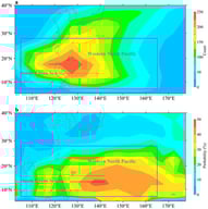 Definition of the study domain in the WNP. (a) Spatial distribution of cumulative typhoon genesis counts derived from a 5° × 5° grid analysis during 1982−2023. (b) Spatial distribution of typhoon intensification probability (ratio of intensifying records to total records) for the same period. The magenta rectangles outline the selected research domain.