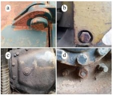 Common uncertainties in unscrewing processes: (a) rusted bolt and nut, (b) weathered bolt on a forklift, (c) oily and weathered bolt on an engine, and (d) rusted nut on a forklift tyre.