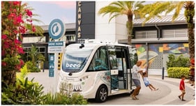 The Navya autonomous shuttle operated by Beep. This shuttle is a shared, self-driving vehicle that functions as a micro-transit service, using features like sensors and automated controls to transport multiple passengers. https://ridebeep.com/solutions/mobility-networks (accessed on 3 December 2025).