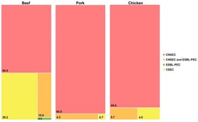 Distribution of positive isolates from beef, pork, and chicken samples. CNSEC, carbapenem-non-susceptible Escherichia coli; CSEC, carbapenem-susceptible Escherichia coli; ESBL-PEC, extended-spectrum β-lactamase-producing Escherichia coli.