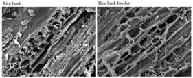 Scanning electron microscope (SEM) images of rice husk and rice husk biochar produced by slow pyrolysis at 400 ± 50 °C for 4 h at 1000× magnification.