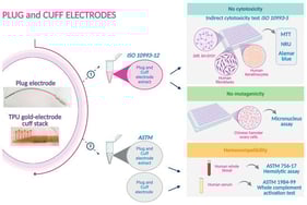Structure of the plug and the cuff electrodes. (A). Structure of the plug electrodes. (Upper) Macroscopic appearance of the plug electrode where the three gold-covered needles are shown on the left. (Lower) SEM picture of gold covered needle. (B). Macroscopic structure of the thermoplastic polyurethane (TPU) bearing gold electrode stack part of the cuff electrode.