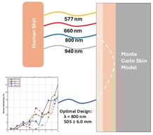 Schematic of the Multi-Layered Skin Phantom and Optode Geometry. The 2D cross-section illustrates the three–layer skin model, including the epidermis (0.1 mm), dermis (1.5 mm), and subcutaneous fat (8.4 mm). The vertical axis is visually enhanced to clearly depict the thin superficial layers and is not to scale, as indicated by the dimension lines showing true physical thicknesses. The simulation geometry includes a single pencil–beam source and a linear array of 16 detectors on the surface, spanning source-detector separations (SDS) from 0.5 mm to 8.0 mm. Illustrative photon paths (dashed lines) show that light detected at longer SDS has, on average, interrogated deeper tissue volumes.