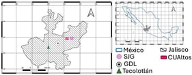 Location of the four sampling sites in Jalisco, Mexico, including urban (Guadalajara), semi-natural (Tecolotlán), semi-urban (CUAltos), and agricultural (San José de Gracia) environments. The inset shows Jalisco within Mexico. In the inset, Jalisco is shown in grey, whereas in the detailed map Jalisco is indicated by hatched shading.