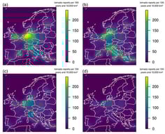 Kernel-smoothed tornado reports from the ESWD [13].