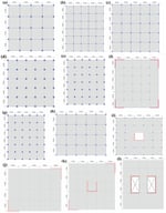 Finite element models: (a–c) six-story MRF buildings; (d,e) eight-story MRFs; (f) eight-story dual system; (g,h) ten-story MRFs; (i) ten-story dual system; and (j–l) SW buildings with five, ten, and twenty stories. Shear walls and cores are highlighted in red.