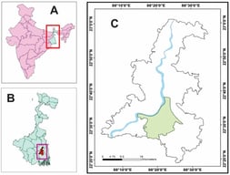 (A) Location of West Bengal (blue) in India; (B) Location of Kolkata Metropolitan Area (red) in West Bengal; (C) Location of Kolkata Municipal Corporation (green) within Kolkata Metropolitan Area.