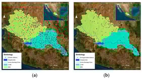 The positioning of climate stations in the Lerma–Chapala and Santiago River Basins is shown both before (a) and after the application of various selection criteria (b).