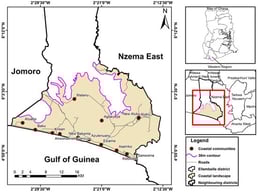 Map showing the southwestern coastal landscape in Ellembelle District of Ghana.