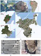 Sampling point navigation: (a) Regional positioning; (b) for sampling point walls; (c) take on-site photos after sampling; the red dashed line in the (a) is only intended to enhance the readability of the sampling point localization and has no other meaning, which does not affect the scientific validity of the conclusions in this article. Source: Drawn with Photoshop 2023 (Adobe, San Jose, CA, USA). The photos were obtained as follows: first, all satellite images in (a) were exported by selecting the “administrative region” in Bigemap Pro 5.5.2.1 (Chengdu Bigemap Data Processing Co., Ltd., Chengdu, China); second, the building photos in (a), as well as all content in (b,c), were taken by the author 1.