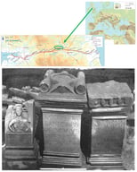 (top left) Map of Hadrian’s Wall, Northern England, with Carrawburgh Roman fort circled in green and (top right) in the context of the UNESCO World Heritage Site: Frontiers of the Roman Empire, both reproduced with permission from David Breeze; and (bottom) three altars excavated from the Mithraeum at Carrawburgh (reproduced with permission from Richmond, I.A.; Gillam, J.P. The Temple of Mithras at Carrawburgh. Archaeologia Aeliana Series 4 1951, 29).