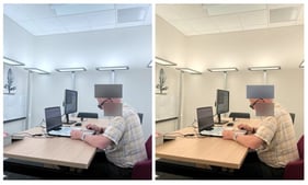 A participant wearing devices while performing cognitive tasks in each different indoor thermal and lighting conditions (480 nm, 5500 K; 644 nm, 3200 K).